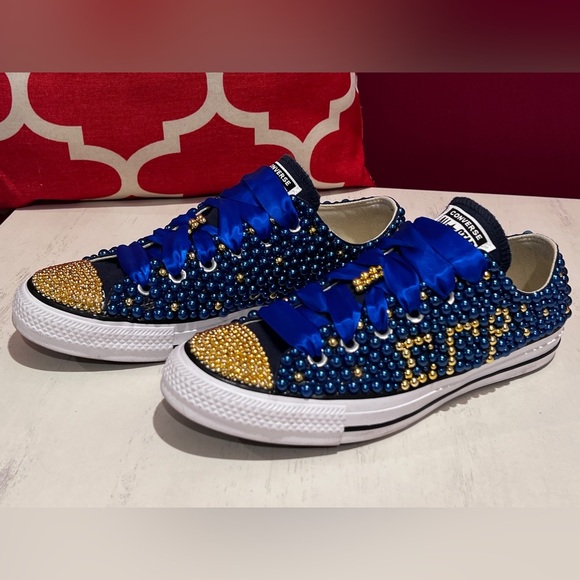 Custom Sigma Gamma Rho Blue and Gold Pearl Converse Sneakers - Picture 1 of 10